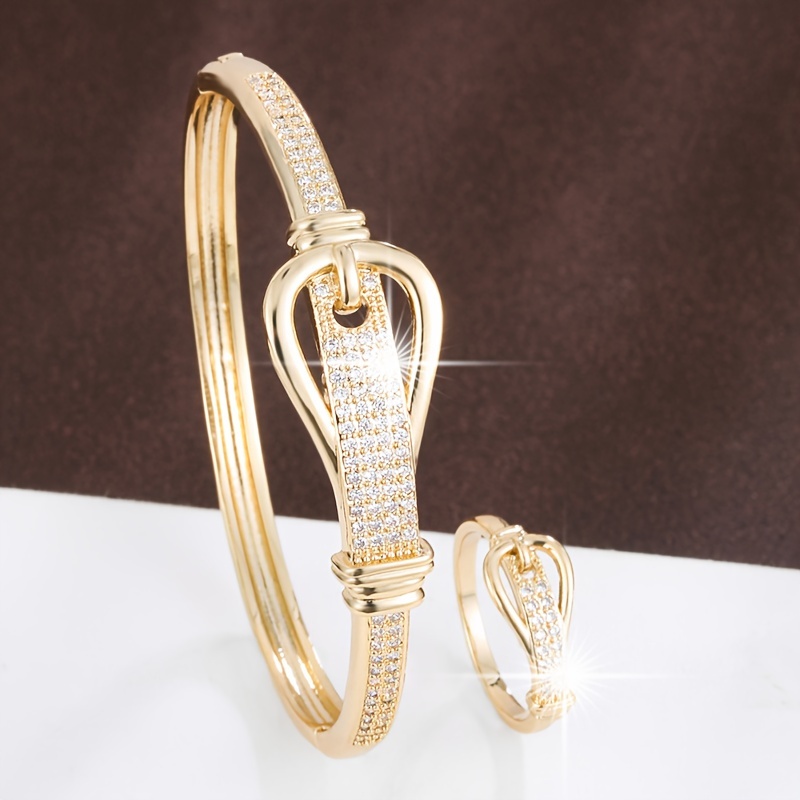Stylish Buckle Zirconia Copper Bracelet & Ring Set